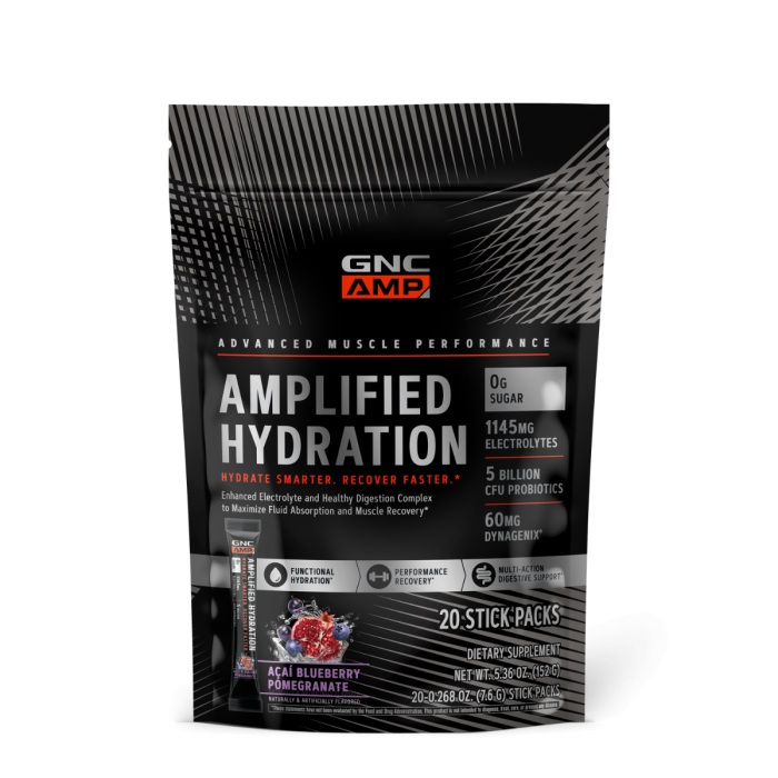 Gnc Amp Amplified Hydration, Electroliti Cu Aroma De Acai, Afine Si Rodie, 20 De Plicuri, 150 G [1]