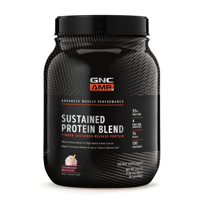 Gnc Amp Sustained Protein Blend, Amestec Proteic Cu Aroma De Milkshake De Capsuni, 896 G [1]