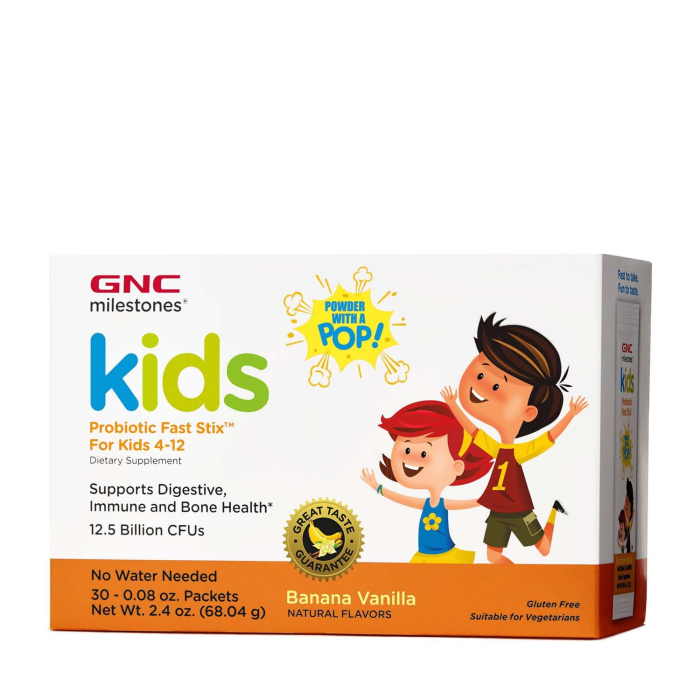 Gnc Milestones Kids Microbio Complex Fast Stix, Probiotic Lab4 Studiat Clinic Pentru Copii 4+ Ani Cu Aroma De Vanilie Si Banane, 30 Plicuri [1]
