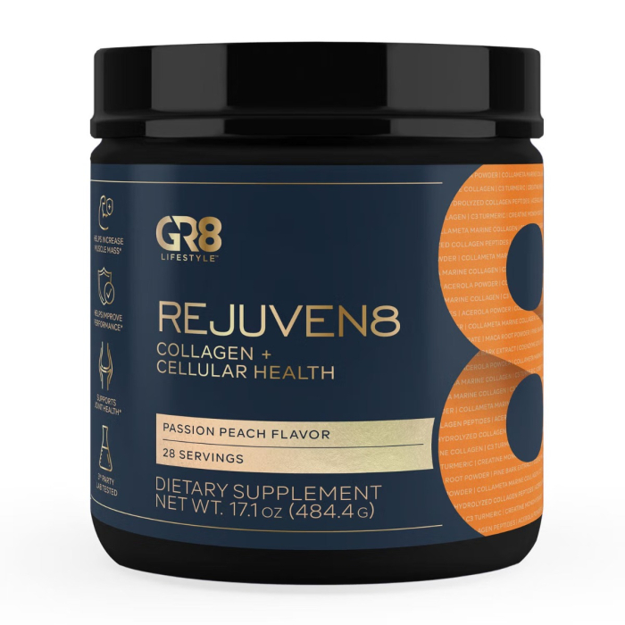  Gr8 Lifestyle Rejuven8 Collagen And Cellular Health With Passion Peach Flavor, Formula Pentru Sanatatea Pielii, Articulatiilor Si Regenerare Celulara, Cu Aroma De Passion Peach, 484.4 G [1]