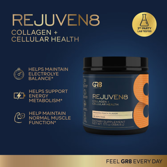 Gr8 Lifestyle Rejuven8 Collagen And Cellular Health With Passion Peach Flavor, Formula Pentru Sanatatea Pielii, Articulatiilor Si Regenerare Celulara, Cu Aroma De Passion Peach, 484.4 G [8]