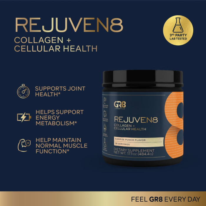 Gr8 Lifestyle Rejuven8 Collagen And Cellular Health With Sunrise Punch Flavor, Formula Pentru Sanatatea Pielii, Articulatiilor Si Regenerare Celulara, Cu Aroma De Sunrise Punch, 484.4 G [8]
