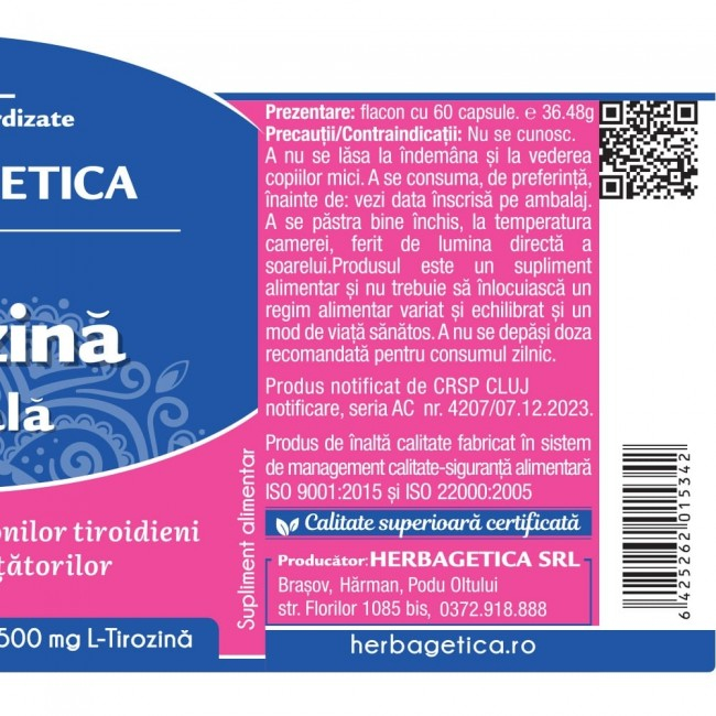 L-tirozina Naturala ( Stimuleaza productia hormonilor tiroidieni ) * 60 cps [3]