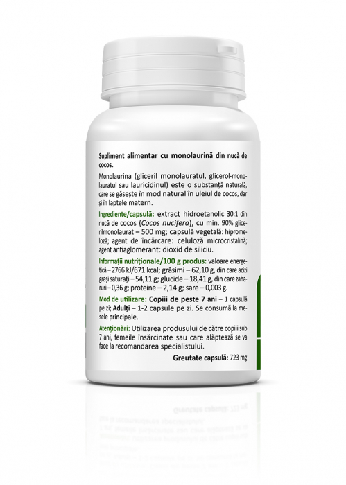 Monolaurin 500 mg(extract din nuca de cocos cu efect antibacterian, antifungic, antiviral.) * 30cps [3]