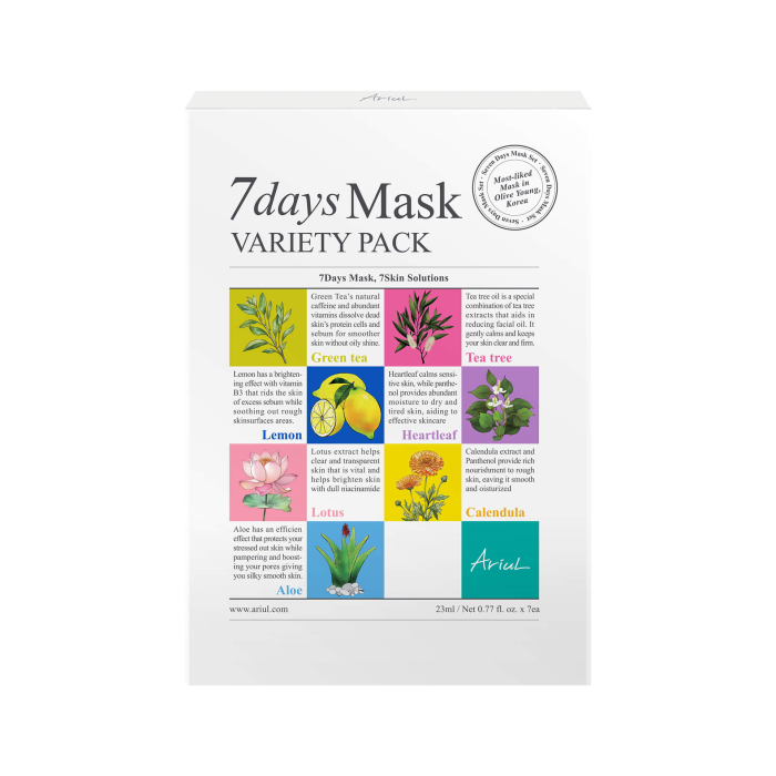 Set Măști Coreene Ariul 7Days Mask PLUS pentru Tratamentul Complet al Tenului, Cosmetice Coreene Naturale, (7 x 23ml) [1]