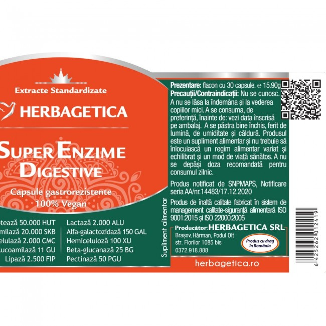 Super Enzime Digestive ( Formulă complexă cu 10 enzime digestive, 4 extracte fitoterapice și un prebiotic) * 30 cps [3]