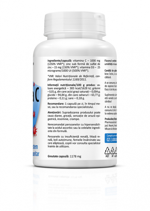 Vitamina C +D3 +Zn (Imunitate si reducerea simptomelor in infectii virale respiratorii.) * 60 cps [3]