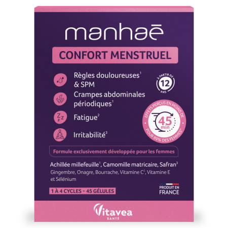 Sănătatea femeii - Manhaē Confort Menstruel, 45 capsule vegetale – Soluția Naturală pentru un Ciclu fără Dureri