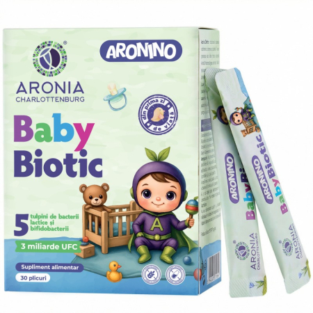 Suplimente Copii - Aronino Baby Biotic – 5 Tulpini Probiotice + FOS, 30 Plicuri – Microbiom și Confort Digestiv pentru Bebeluși