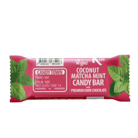 Alimente eco & bio - Baton Vegan - Candy town cu matcha si menta invelit in ciocolată neagră premium, 100% natural, organic, bogat in fibre