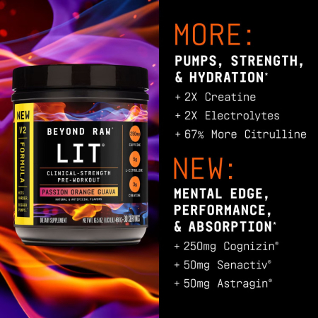 Beyond Raw Lit V2 Pre-workout With Passion Orange Guava Flavor, Pre-workout Cu Aroma De Passion Orange Guava, 468 G [1]