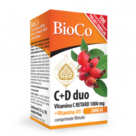 Suplimente alimentare - BioCo   C+D duo Vitamina C 1000 mg + Vitamina D3 2000 UI ( functionarea normala a sistemului imunitar)   100 CPM
