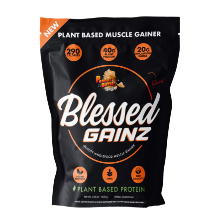 Suplimente alimentare - Blessed Gainz Wholefood Muscle Gainer, Gainer Proteic Vegan Cu Aroma De Cheesecake De Unt De Arahide, 1520 G