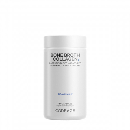 Capsule/comprimate/siropuri - Codeage Bone Broth Collagen Peptides, Peptide Din Colagen De Tipul I, Ii & Iii Din Fiertura De Oase Cu Turmeric Si Ashwagandha, 180 Cps