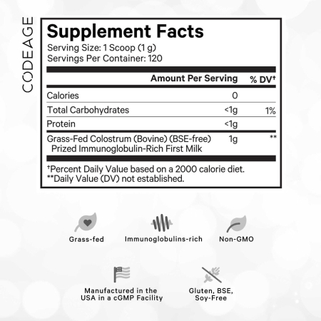 Codeage Bovine Colostrum Powder Unflavored Immunoglobulin Rich, Colostru Bovin Cu Imunoglobuline Pentru Imunitate Si Digestie Fara Aroma, 120g [10]