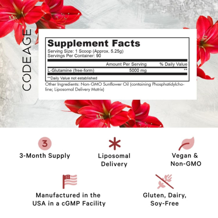 Codeage Liposomal L-glutamine Powder, L-glutamina Lipozomala Pentru Sustinerea Sanatatii Musculare Si Digestive, Fara Aroma, 472.5 G [3]