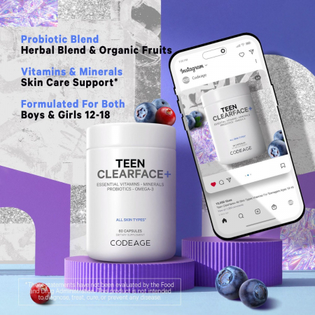 Codeage Teen Clearface Daily Multivitamin & Minerals, Complex de Multivitamine pentru Adolescenti pentru Ten Sanatos, 60 cps [5]