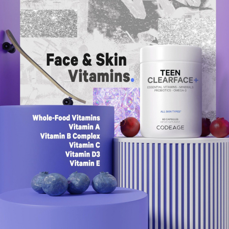 Codeage Teen Clearface Daily Multivitamin & Minerals, Complex de Multivitamine pentru Adolescenti pentru Ten Sanatos, 60 cps [3]