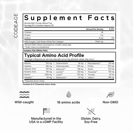 Codeage Wild-caught Marine Hydrolyzed Collagen Peptides Powder Type I And Iii, Colagen Marin Din Pesti Salbatici Tip I Si Iii, 450 G [9]