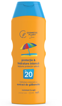 Cosmetice - Emulsie de plajă rezistentă la apă cu gălbenele SPF 20, 200 ml, Cosmetic Plant - protecție UVA/UVB și bronz uniform