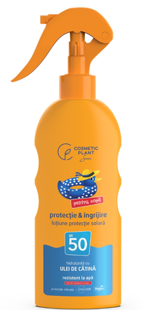 Cosmetice - Emulsie de plajă rezistentă la apă pentru copii cu ulei de cătină SPF 50, 200 ml, Cosmetic Plant - protecție UVA/UVB ridicată