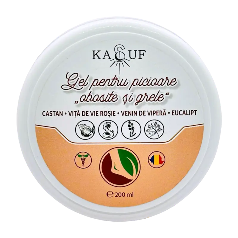 Afectiuni Frecvente - Gel picioare Obosite si Grele KASUF cu Castan, Vita de Vie Rosie, Venin de Vipera, Eucalipt-200ml