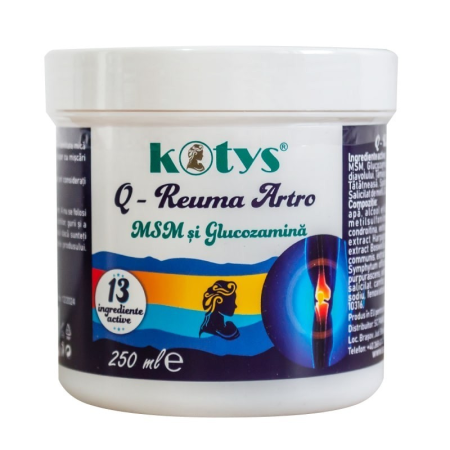 Articulații - Gel Q-Reuma Artro Kotys cu MSM, glucozamină și 13 ingrediente active, 250 ml – confort prin masaj pentru zonele solicitate