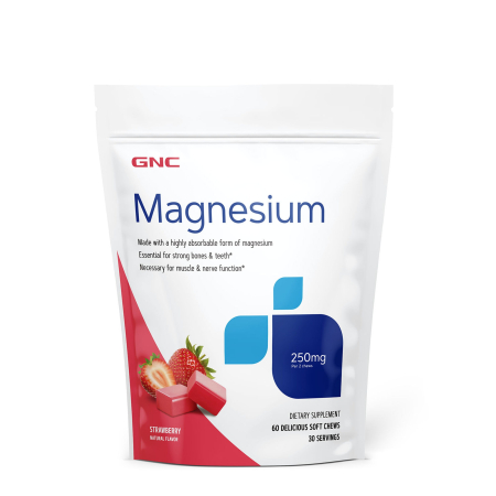 Suplimente alimentare - Gnc Magnesium 250 Mg, Magneziu, Cu Aroma Naturala De Capsuni Pentru Relaxare Musculara Si Sustinerea Sistemului Nervos, 60 Caramele 