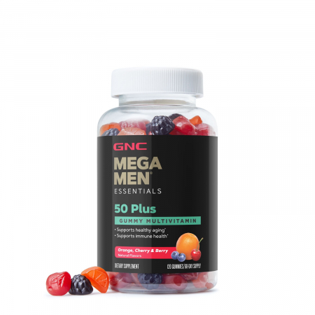 Capsule/comprimate/siropuri - Gnc Mega Men Essentials Gummy Multivitamin 50 Plus, Jeleuri Cu Multivitamine Pentru Barbati  50+ Cu Aroma De Fructe Asortate, 120 Jeleuri