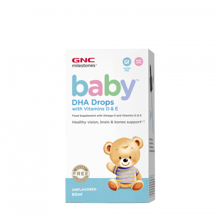 Suplimente alimentare - GNC Milestones® Baby™ DHA Drops with Vitamins D & E, Picaturi cu DHA + Vitamina D si E pentru Bebelusi *60 ml
