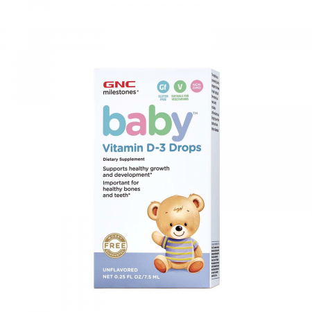 Bebe/Junior - GNC Milestones® Baby™ Vitamin D-3 Drops, Vitamina D-3 Picaturi Pentru Bebelusi Naturala 100% din Lanolina, 7.5 ml
