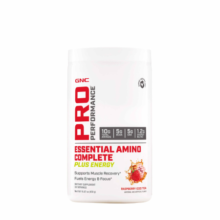 Suplimente alimentare - Gnc Pro Performance Essential Amino Complete Plus Energy, Aminoacizi, Cu Aroma De Ceai De Zmeura, 450 G