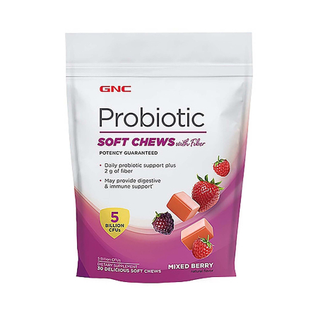 Suplimente alimentare - Gnc Probiotic Soft Chews With Fiber, Probiotice Caramele Cu Fibre, Cu Aroma De Fructe, 30 Caramele