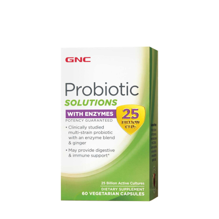 Suplimente alimentare -  Gnc Probiotic Solutions With Enzymes, Probiotic Lab4 Studiat Clinic, 25 Miliarde Ufc Culturi Vii, Cu Enzime Digestive Si Ghimbir, 60 Cps