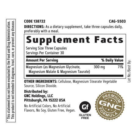 Gnc Super Magneziu 300 Mg, Formula Avansata Cu Glicinat, Malat Si Taurat Pentru Absorbtie Superioara, 90 Cps [1]