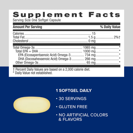 Gnc Triple Strength Fish Oil, Ulei De Peste, 1000 Mg Omega-3 Epa Si Dha, 30 Cps [8]