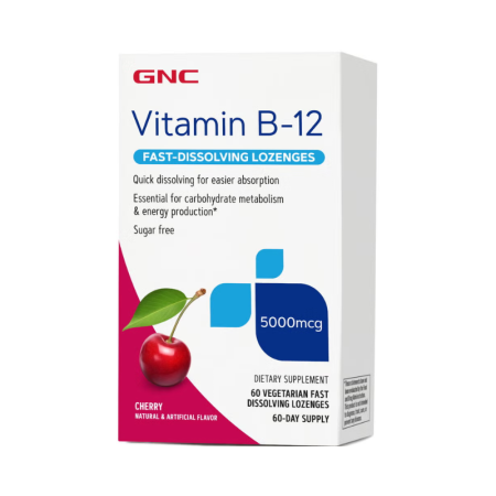 Afectiuni Frecvente - Gnc Vitamina B-12 5000 Mcg Cu Dizolvare Rapida, Cu Aroma De Cirese, 60 Drajeuri