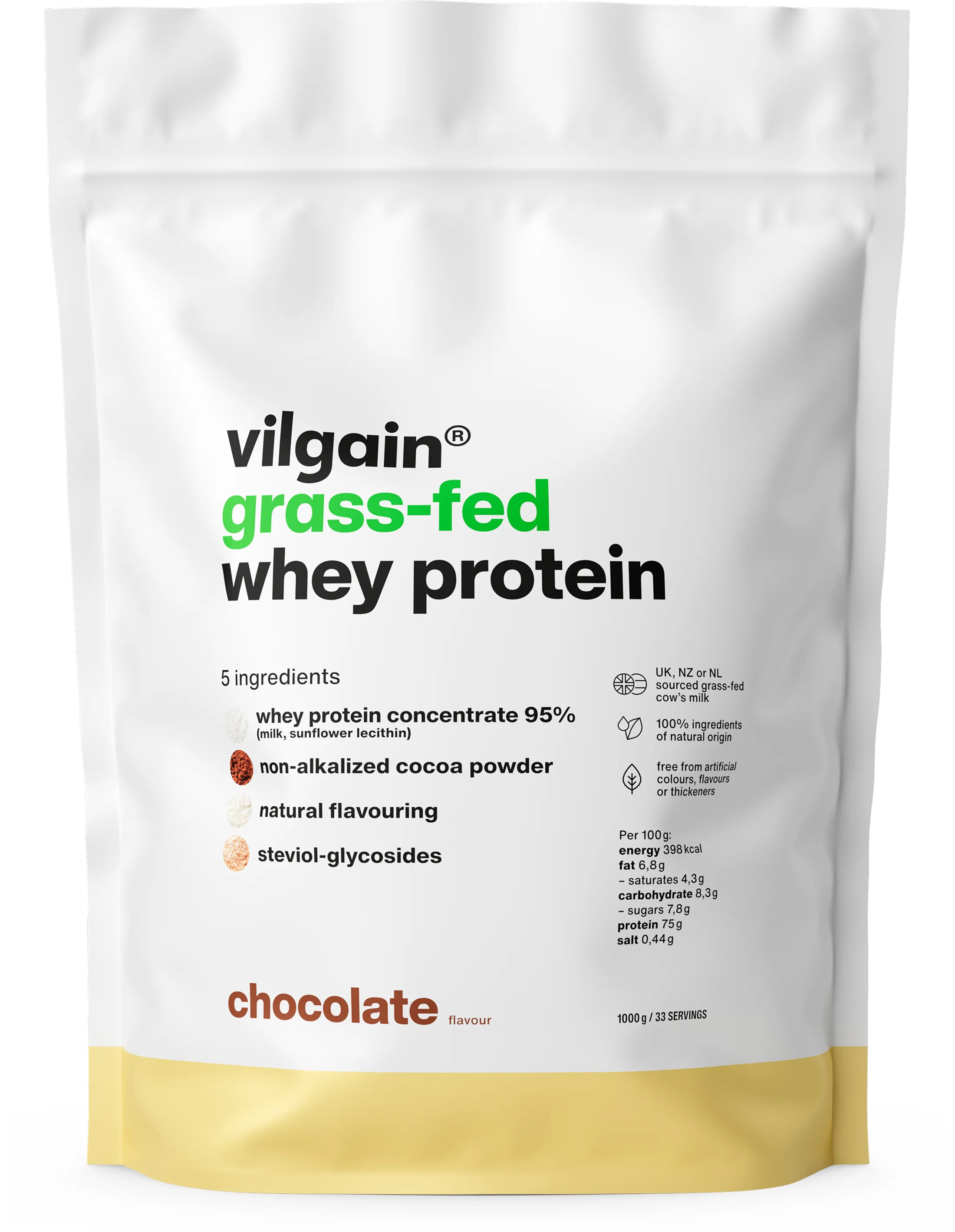 Performanta sportiva - Grass-Fed Whey Protein ⁠–⁠ din lapte de vacă hrănite cu iarbă din ferme sustenabile, îndulcit cu stevia, ultrafiltrat la temperaturi scăzute Ciocolată