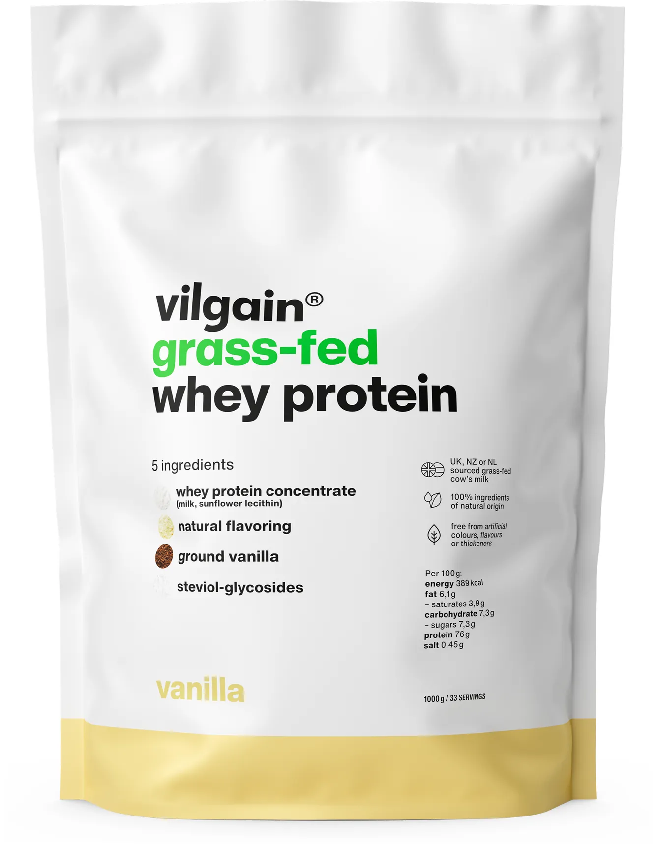 Performanta sportiva - Grass-Fed Whey Protein ⁠–⁠ din lapte de vacă hrănite cu iarbă din ferme sustenabile, îndulcit cu stevia, ultrafiltrat la temperaturi scăzute Vanilie