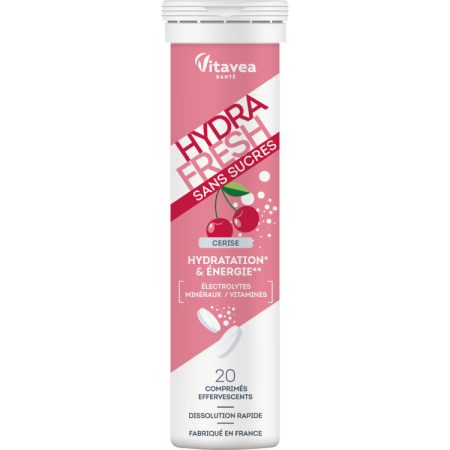 HidroFresh - Hydrafresh Cireșe, 20 tablete efervescente – Hidratare Instantanee, Energie și Echilibru ElectroliticComplex avansat cu 7 minerale (5 electroliți) și 8 vitamine, cu aromă naturală de cireșe. Hidratare