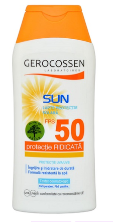 Cosmetice - Lapte pentru protecție solară SPF 50 Sun, 200 ml, Gerocossen - protecție UVA/UVB și hidratare cu ulei de argan