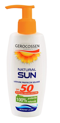 Cosmetice - Loțiune pentru protecție solară SPF 50 Natural Sun, 200 ml, Gerocossen - protecție minerală UVA/UVB și rezistență la apă