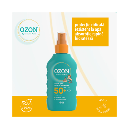 Cosmetice - Loțiune spray cu protecție solară pentru copii SPF 50+ Ozone, 200 ml, Cosmetic Plant - protecție UVA/UVB și rezistență la apă