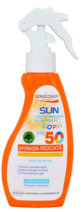 Cosmetice - Loțiune spray pentru copii cu protecție solară SPF 50 Sun, 200 ml, Gerocossen - protecție UVA/UVB cu ulei de argan