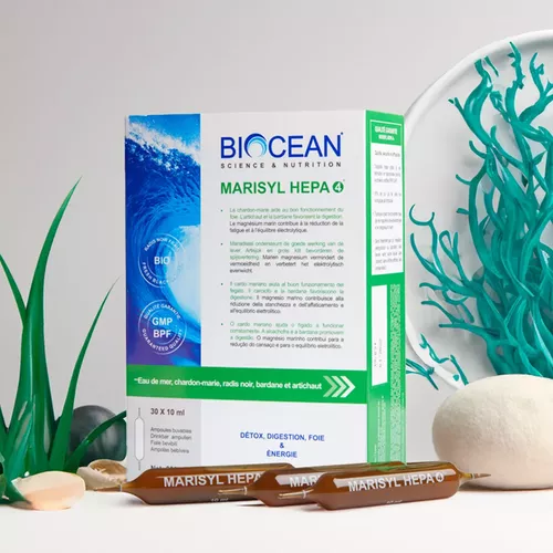 Ficat gras/ Colesterol - Marisyl Hepa 4   - Plasma Marina cu Plante Medicinale - Detoxifiere Ficat, Digestie, Plus de Energie, 30x10ml   Biocean
