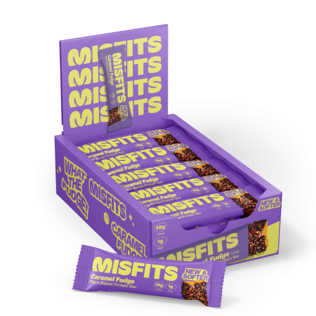 Misfits Plant-based Protein Bar, Caramel Fudge Flavor, Baton Proteic Vegan Cu Aroma De Ciocolata Si Caramel, 50g [1]
