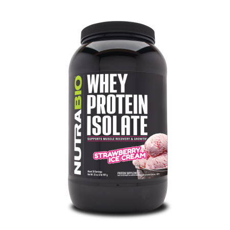 Suplimente alimentare - Nutrabio 100% Whey Protein Isolate, Izolat Proteic Din Zer Cu Aroma De Inghetata Cu Capsuni, 907 G