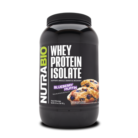 Suplimente alimentare - Nutrabio Whey Protein Isolate Blueberry Muffin, Izolat De Proteina Din Zer Cu Aroma De Briose Cu Afine, 907 G