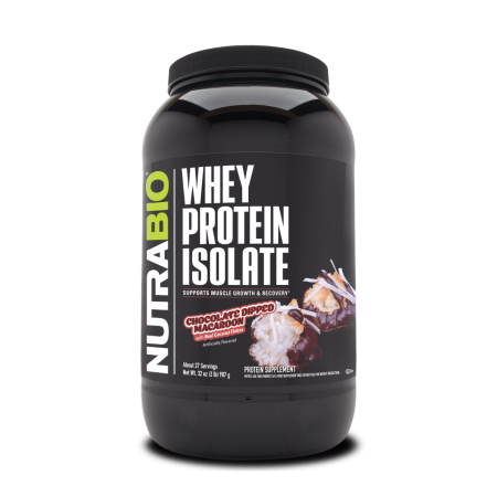 Suplimente alimentare - Nutrabio Whey Protein Isolate Chocolate Dipped Macaroon With Real Coconut Flakes, Izolat De Proteina Din Zer Cu Aroma De Macarons In Ciocolata Si Fulgi De Cocos, 907 G