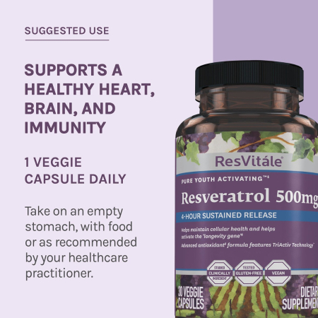 Resvitale Resveratrol 500 Mg Cu Quercetina, Formula Avansata Triactiv Pentru Activarea Genei Longevitatii Cu Trans-resveratrol, 60 Cps [3]